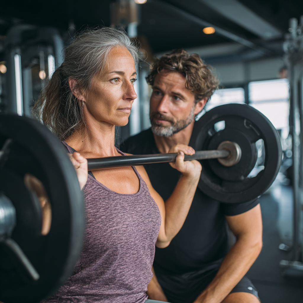 Жена на 52 години тренира с личен треньор в модерна фитнес зала