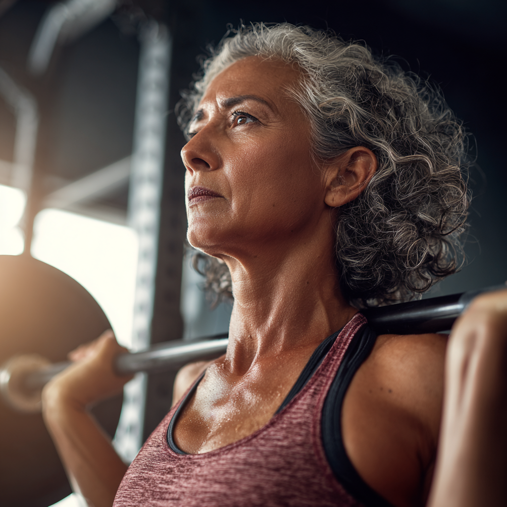 Жена на 55 години повдига тежести в модерна фитнес зала