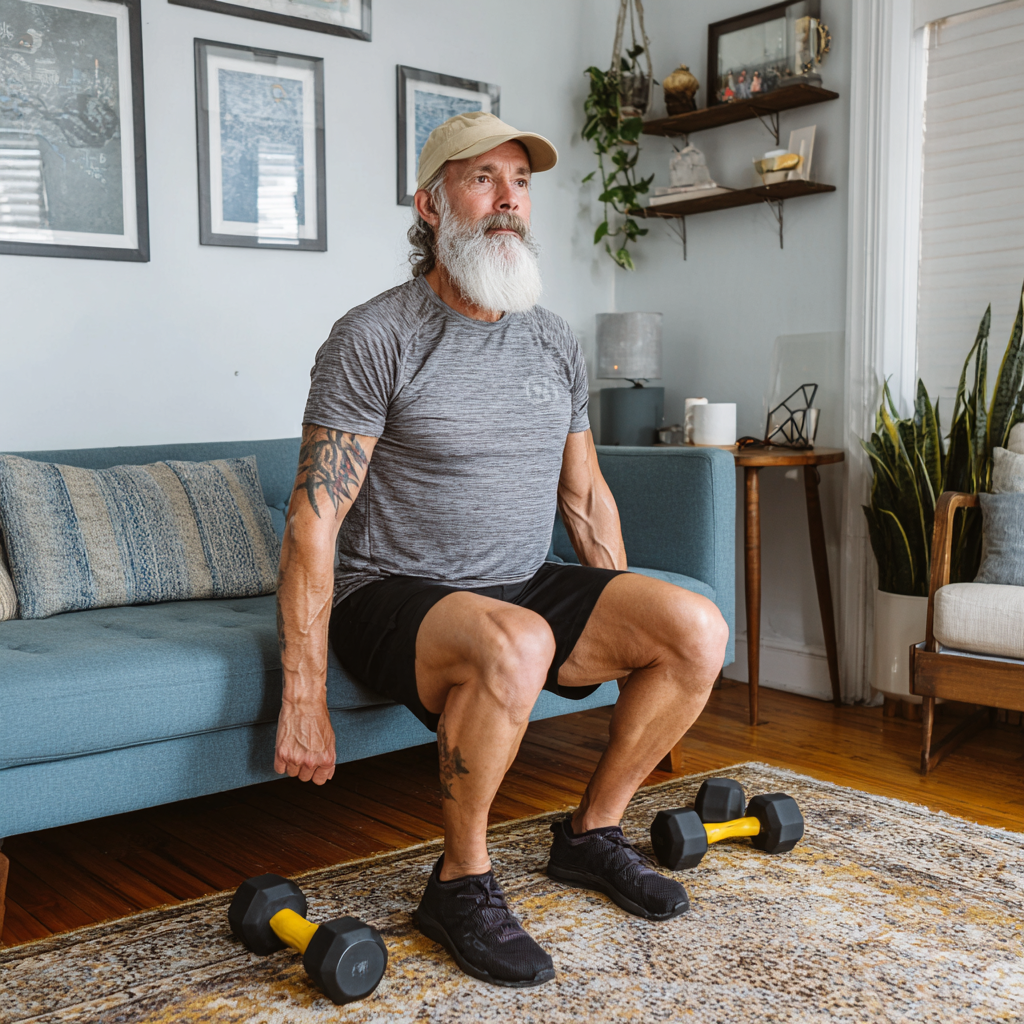 Мъж на 58 години прави HIIT упражнения с канапета